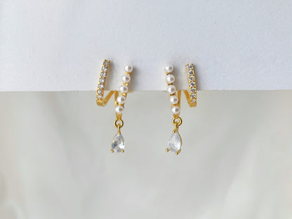 Pearls & CZ Crystal Double Hoop Effect Clip on Earrings