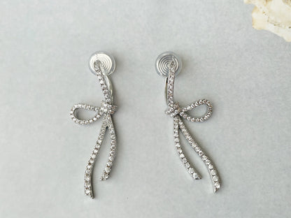 Sparkling CZ Crystal Ribbon Bow Silver Dangle Clip on Earrings