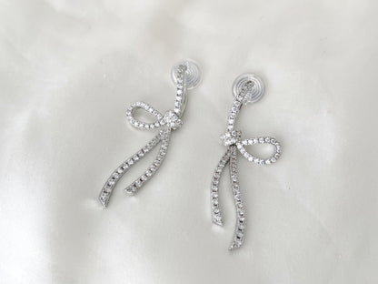 Sparkling CZ Crystal Ribbon Bow Silver Dangle Clip on Earrings