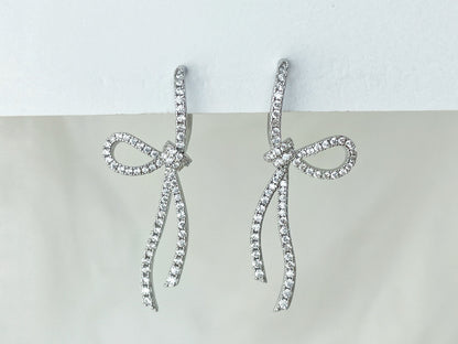 Sparkling CZ Crystal Ribbon Bow Silver Dangle Clip on Earrings