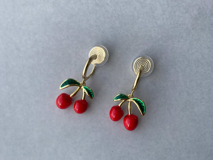 Dainty Cherry Gold Hoop Clip on Earrings