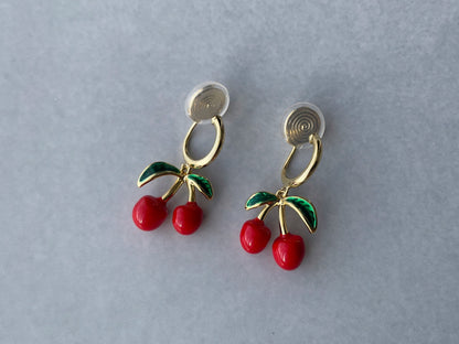 Dainty Cherry Gold Hoop Clip on Earrings
