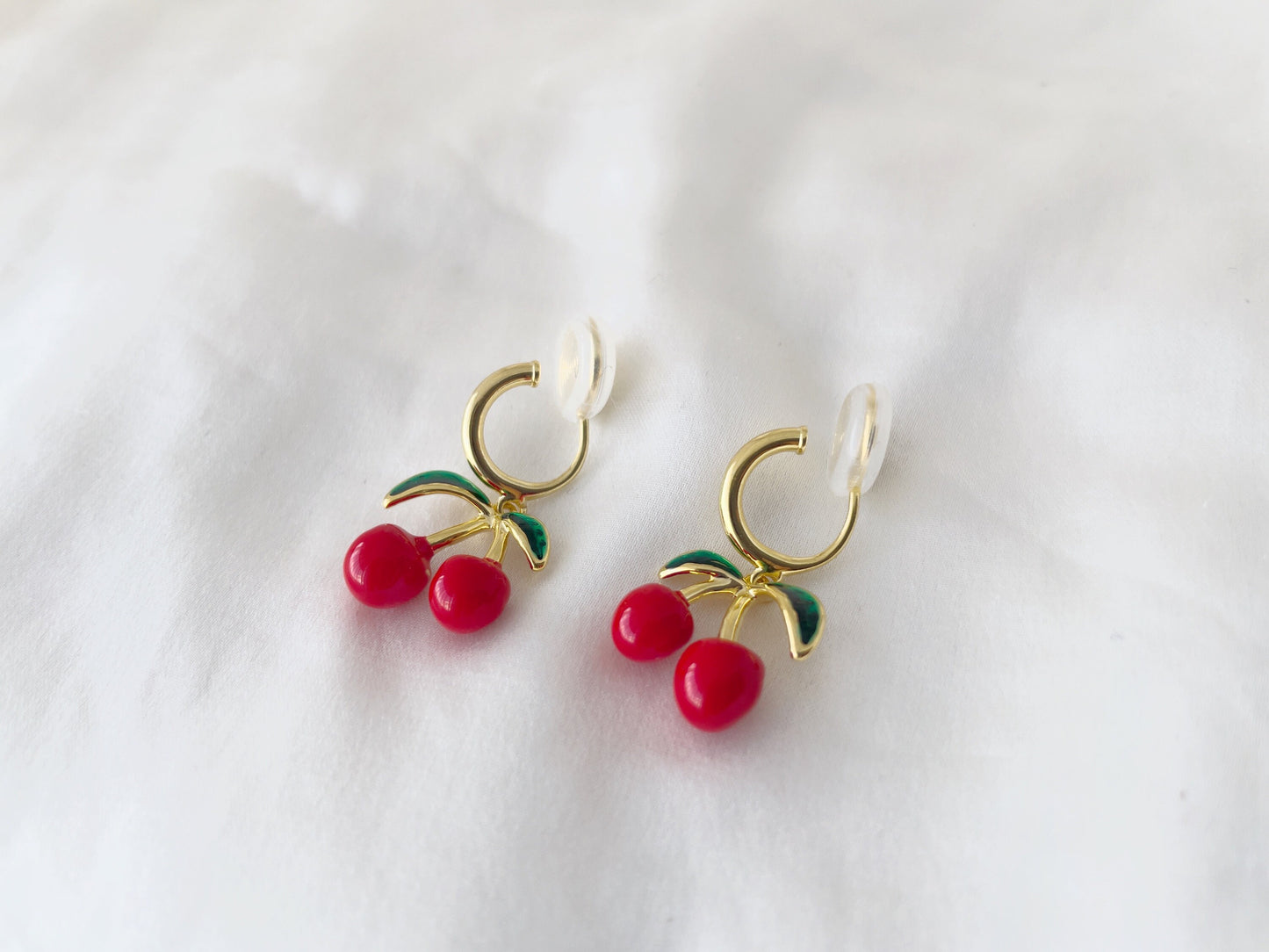 Dainty Cherry Gold Hoop Clip on Earrings