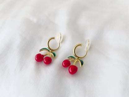 Dainty Cherry Gold Hoop Clip on Earrings