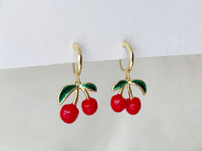 Dainty Cherry Gold Hoop Clip on Earrings