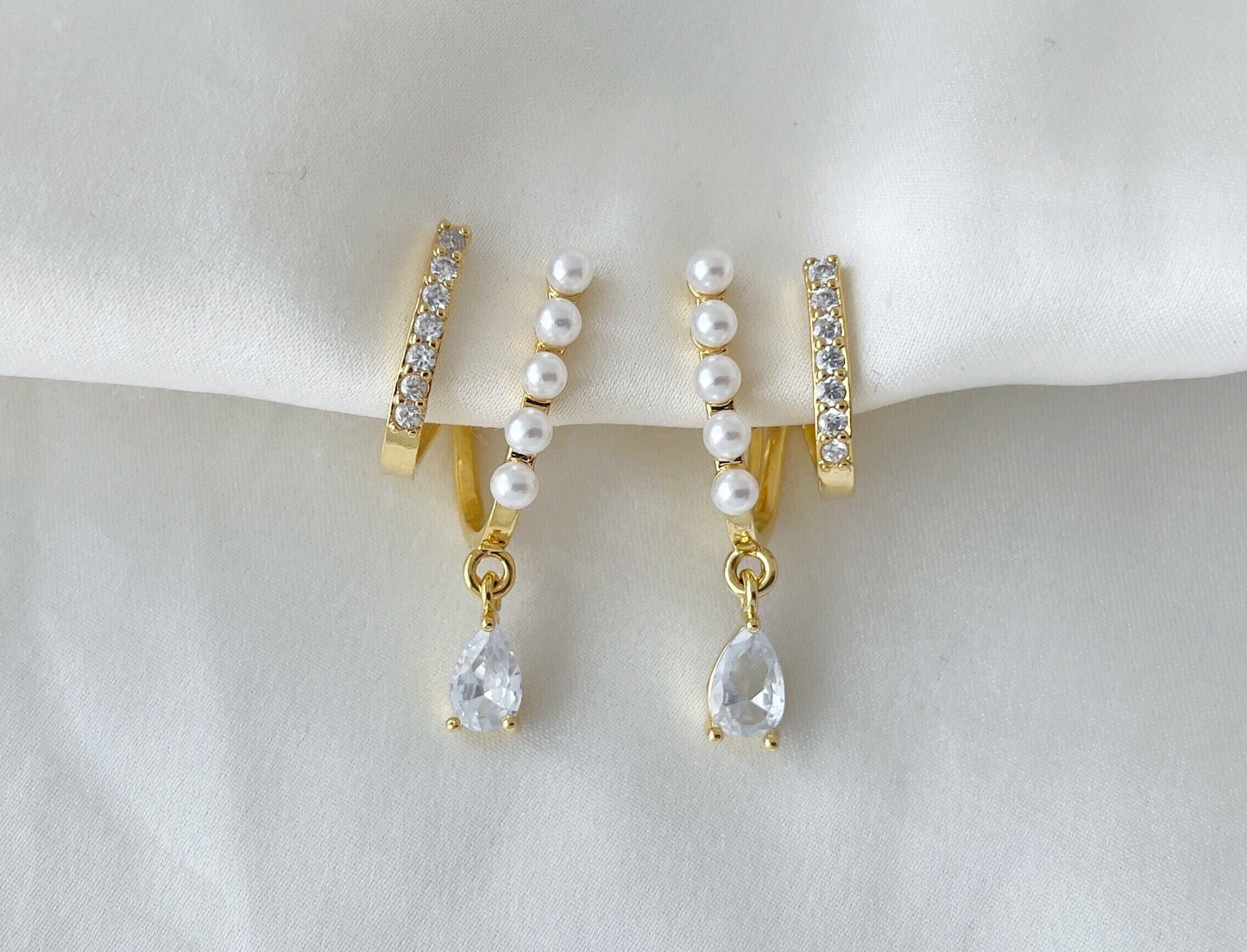 Pearls & CZ Crystal Double Hoop Effect Clip on Earrings