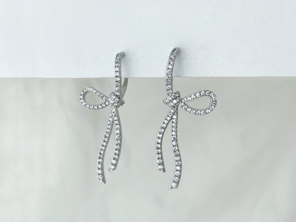Sparkling CZ Crystal Ribbon Bow Silver Dangle Clip on Earrings
