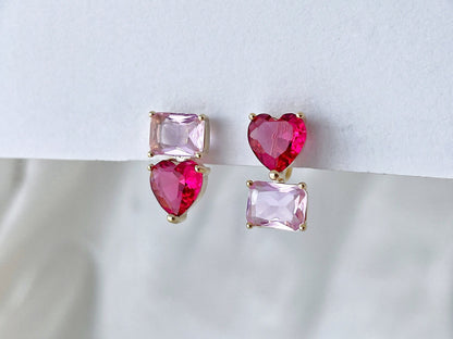 Mismatched Heart and Rectangle Shape CZ Crystal Clip on Earrings