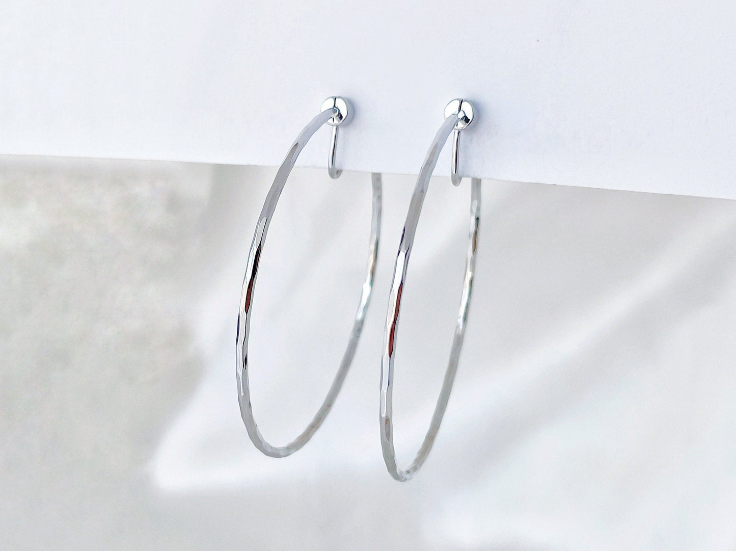 Hammered Texture Thin 50mm Large Silver/Gold Hoop Clip on Earrings