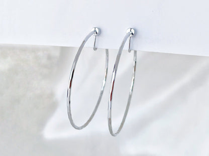 Hammered Texture Thin 50mm Large Silver/Gold Hoop Clip on Earrings