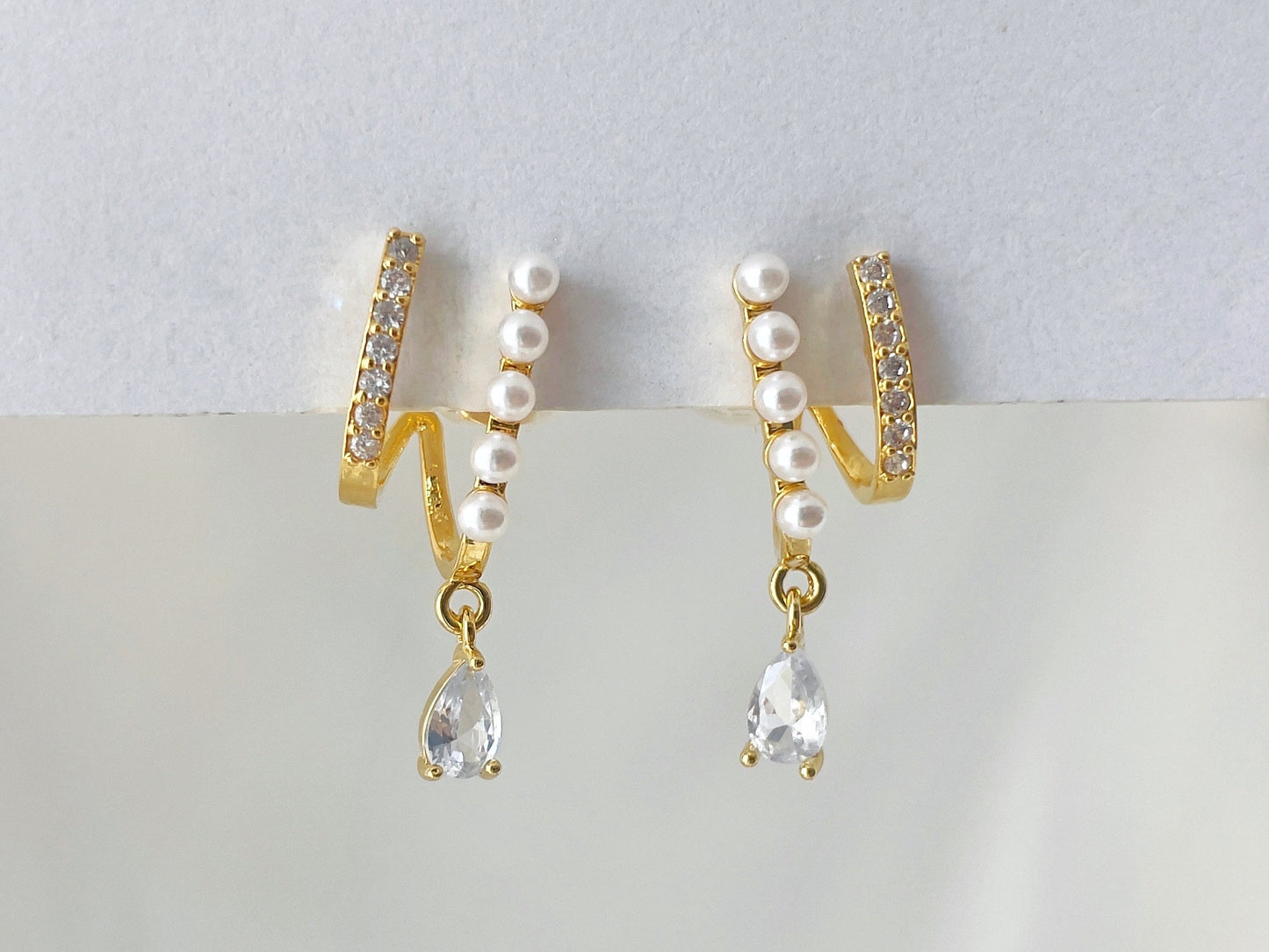 Pearls & CZ Crystal Double Hoop Effect Clip on Earrings
