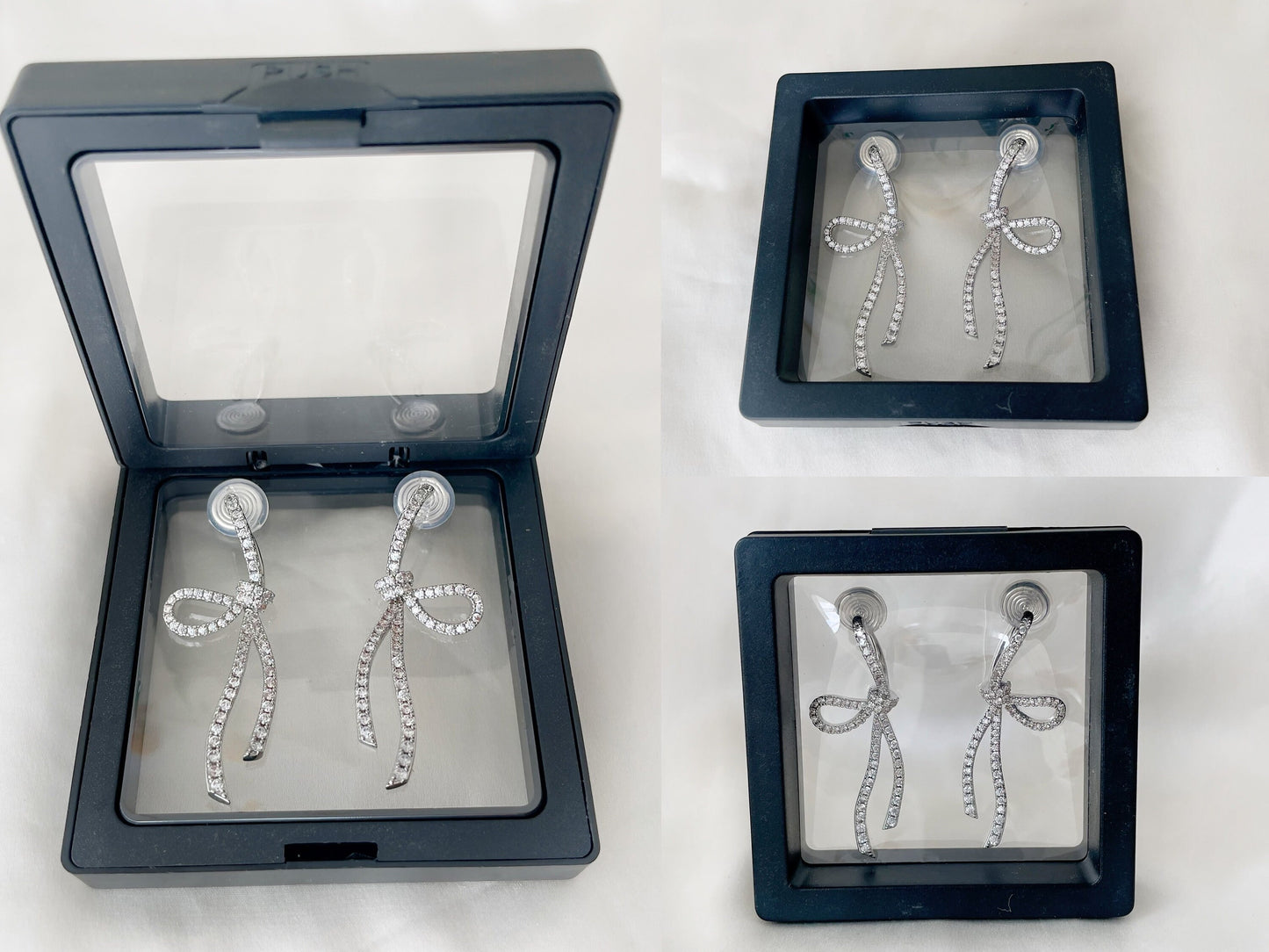 Sparkling CZ Crystal Ribbon Bow Silver Dangle Clip on Earrings