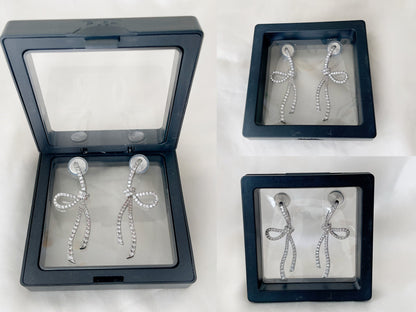 Sparkling CZ Crystal Ribbon Bow Silver Dangle Clip on Earrings