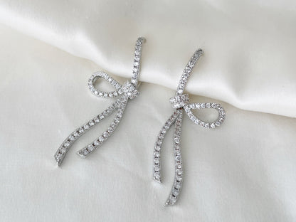 Sparkling CZ Crystal Ribbon Bow Silver Dangle Clip on Earrings