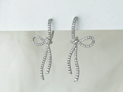 Sparkling CZ Crystal Ribbon Bow Silver Dangle Clip on Earrings