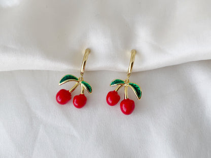 Dainty Cherry Gold Hoop Clip on Earrings