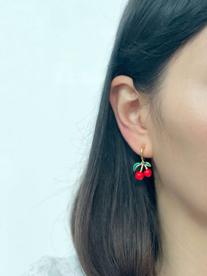 Dainty Cherry Gold Hoop Clip on Earrings