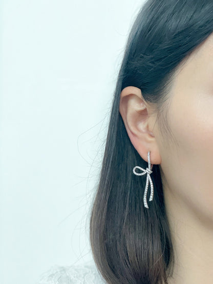 Sparkling CZ Crystal Ribbon Bow Silver Dangle Clip on Earrings